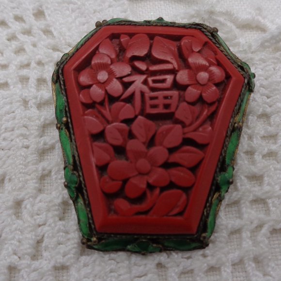 Antique Jewelry - Antique Cinnabar & Enamel Chinese Good Luck Brooch